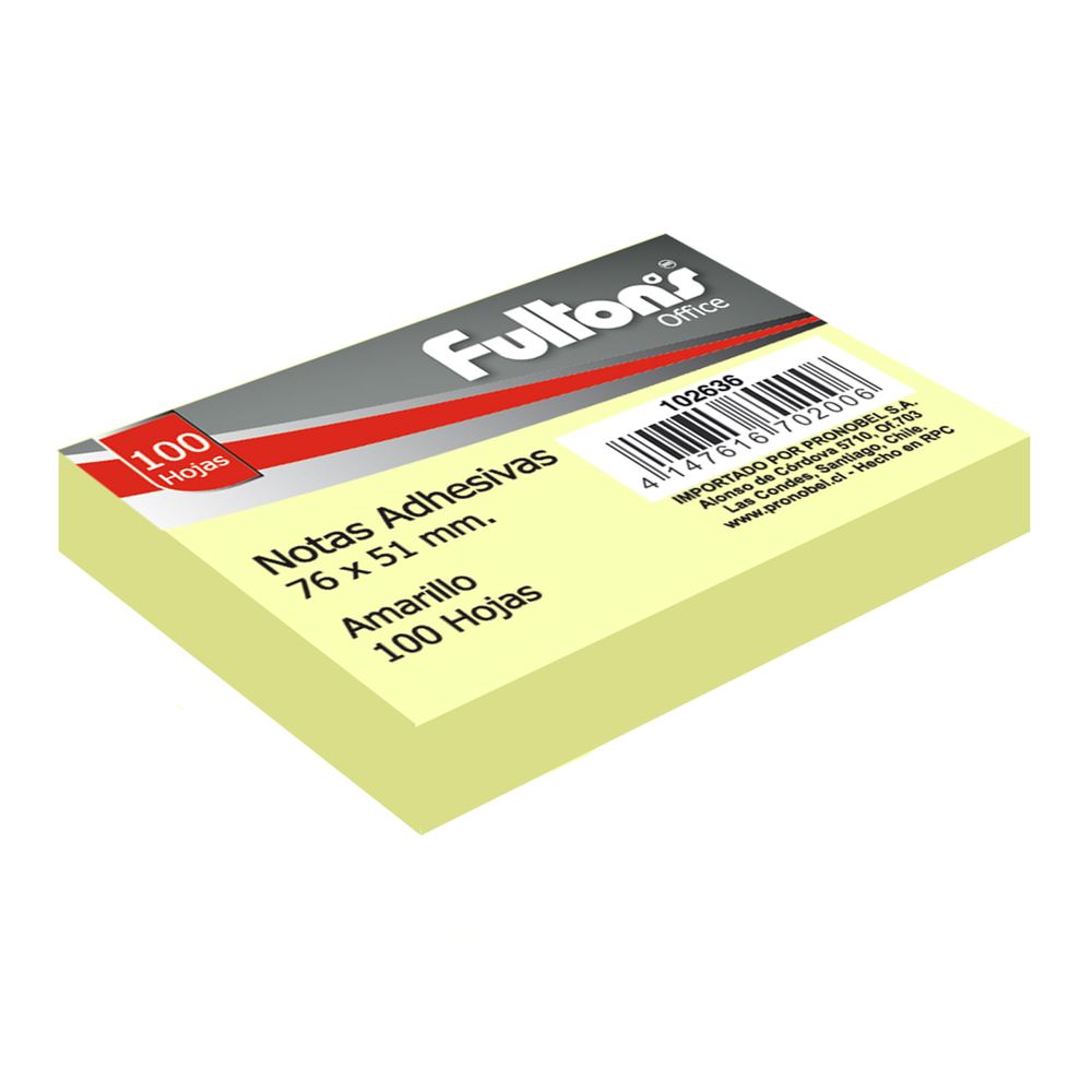 Nota Adhesiva 76 X 51 Mm 1 Unidad 100 Hojas Amarillo Fultons